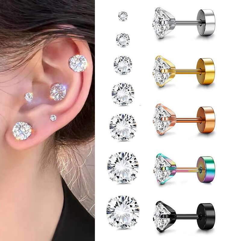 1Pair Stainless Steel Tragus Stud Earrings for Women Men Round Cubic Zirconia Flat Screw Back Ear Piercing 3-8MM Jewelry
