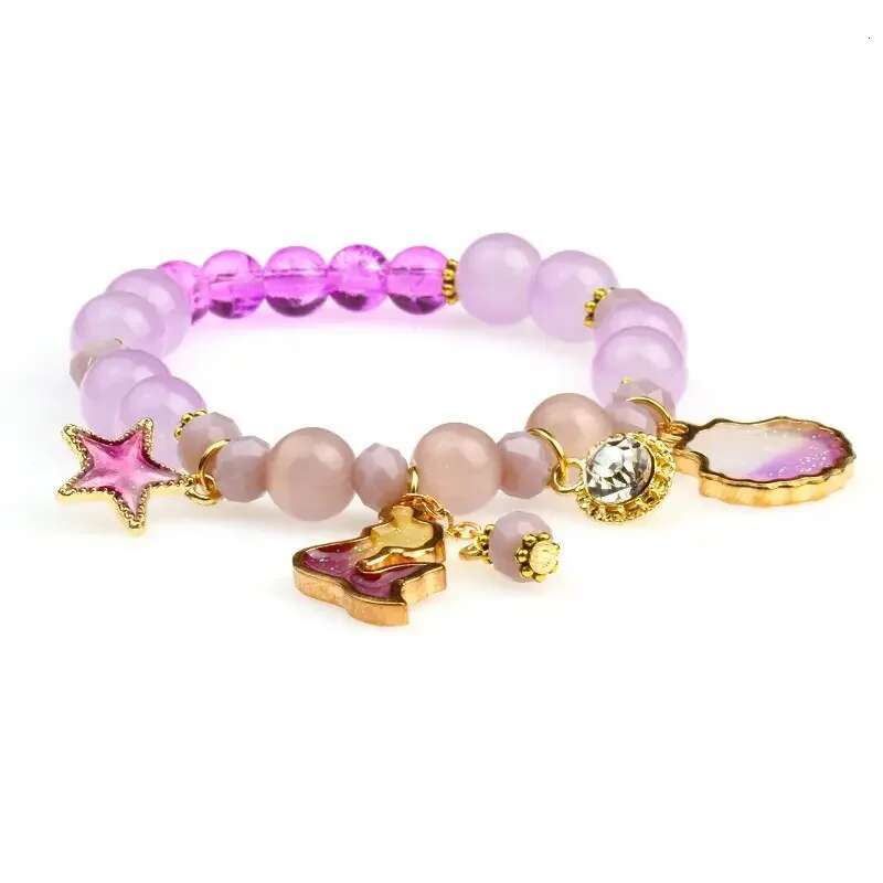 Metal Star Shell Dolphin Charm Pink Beaded Girls Sweet Summer Handmade Elastic Bracelet Ocean Blue Color Lovely Jewelry