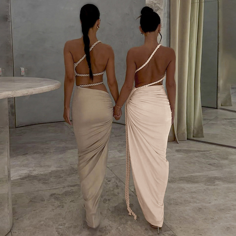 Women's Clothing 2025 Spring/Summer New Fashion Single Shoulder Strapless Backless Hollow Drawstring Pleated Dress
