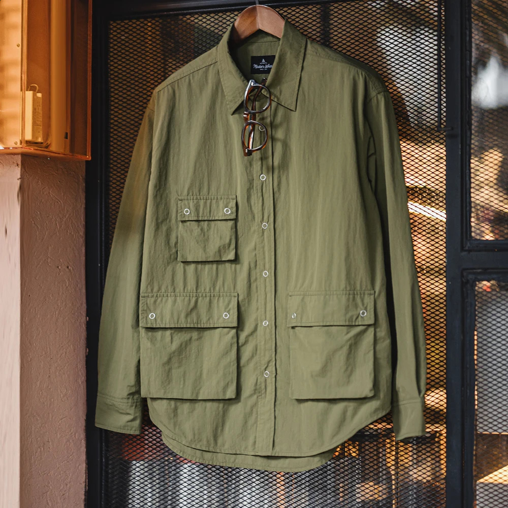 Maden Vintage Wrinkle Outdoor Shirt Casual Loose Green MultiPocket LongSleeve for Mens Spring and Fall Versatile Blouse 250226