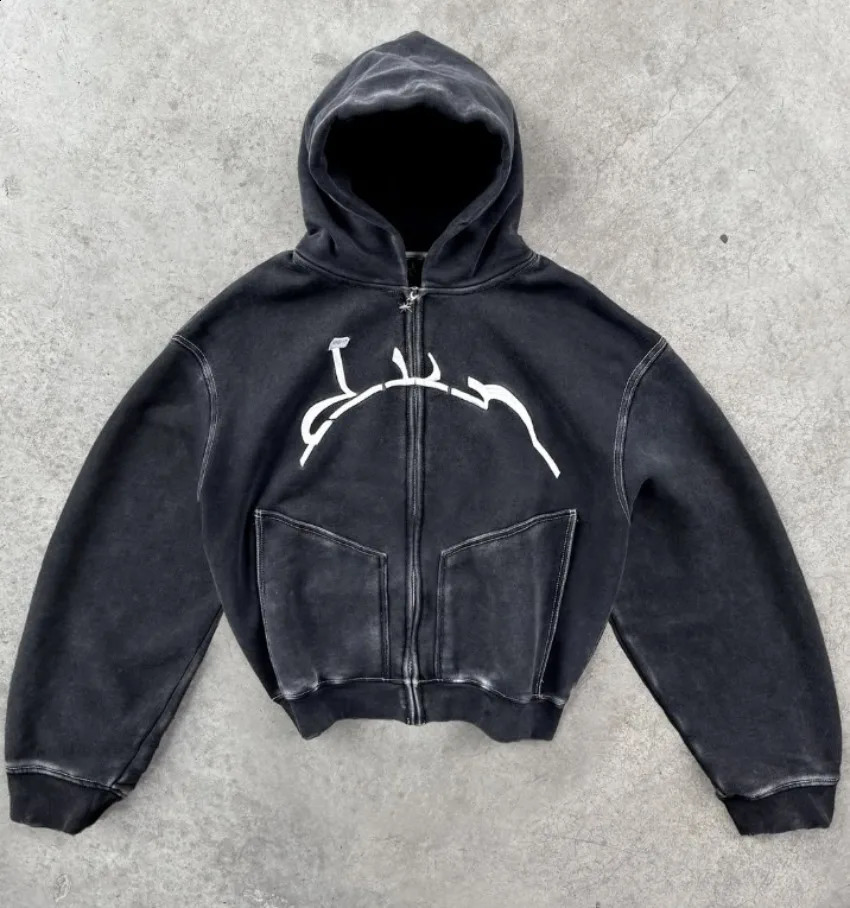 American Street Embroidery Washed Collage Hoodies Y2K Retro Loose Leisure Sports Hoodies for Men and Women Pullover Clothes 250228