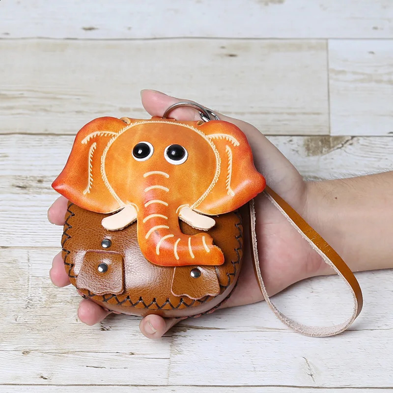 Top Layer Cowhide Creative Cartoon Elephant Zero Wallet Car Key Bag Tree Cream Leather Elephant Gift 250228