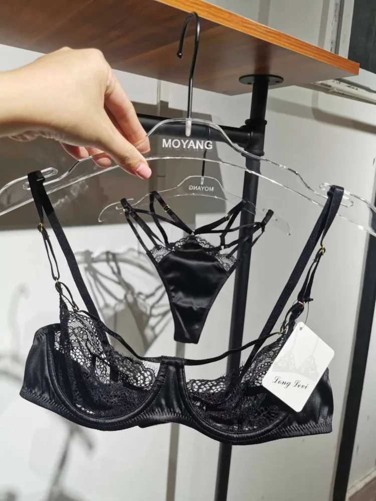 Sexy lace satin stitching bralette ultra-thin underwear perspective temptation T-pants bra set see-through lingerie with thongXJ250301