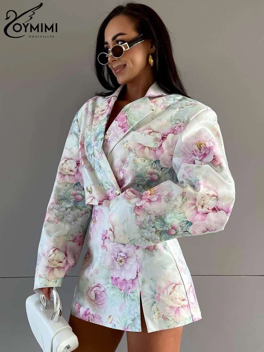 Oymimi Causal Pink Print 2 Piece Sets Women Outfit Elegant Long Sleeve Double Breasted Crop Shirts And Side Slit Mini Skirts Set