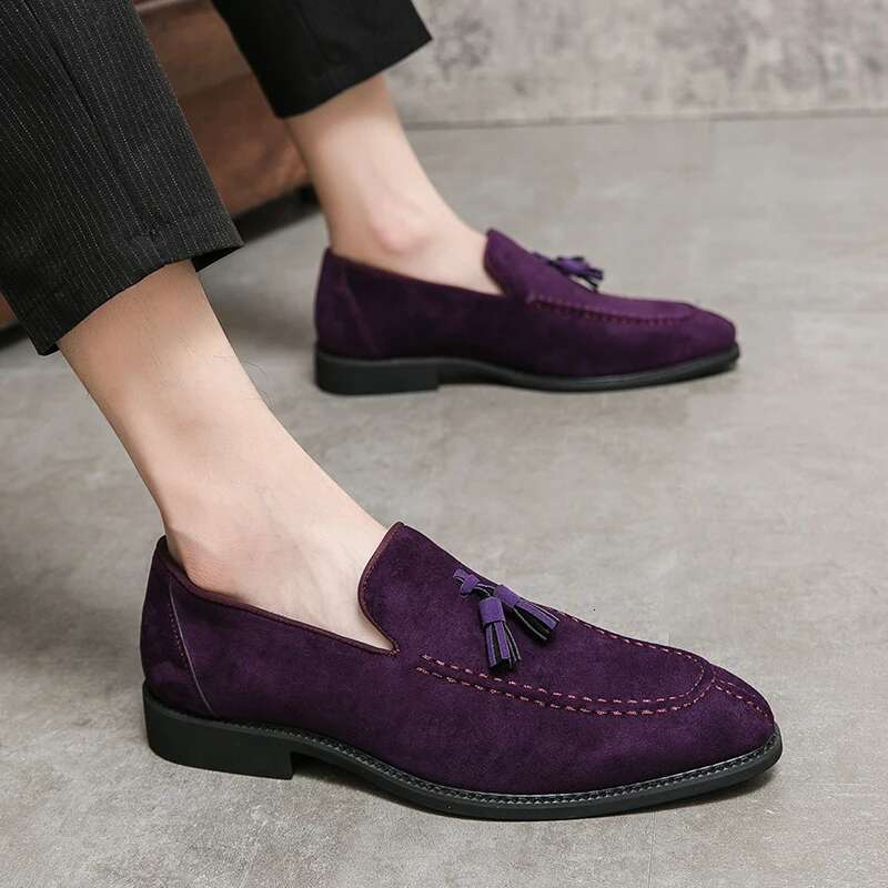 Brand Design Suede Leather Shoes Moccasins Purple Tassel Pointed Men's Loafers Vintage Slip-On Casual Men Social Dress Shoe