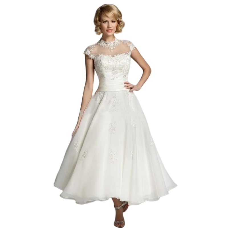 1950s Vintage Ankle Length A-Line Wedding Dresses Cap Sleeve Beads Sequins Lace Appliques Organza Garden Bridal Gowns Custom Made