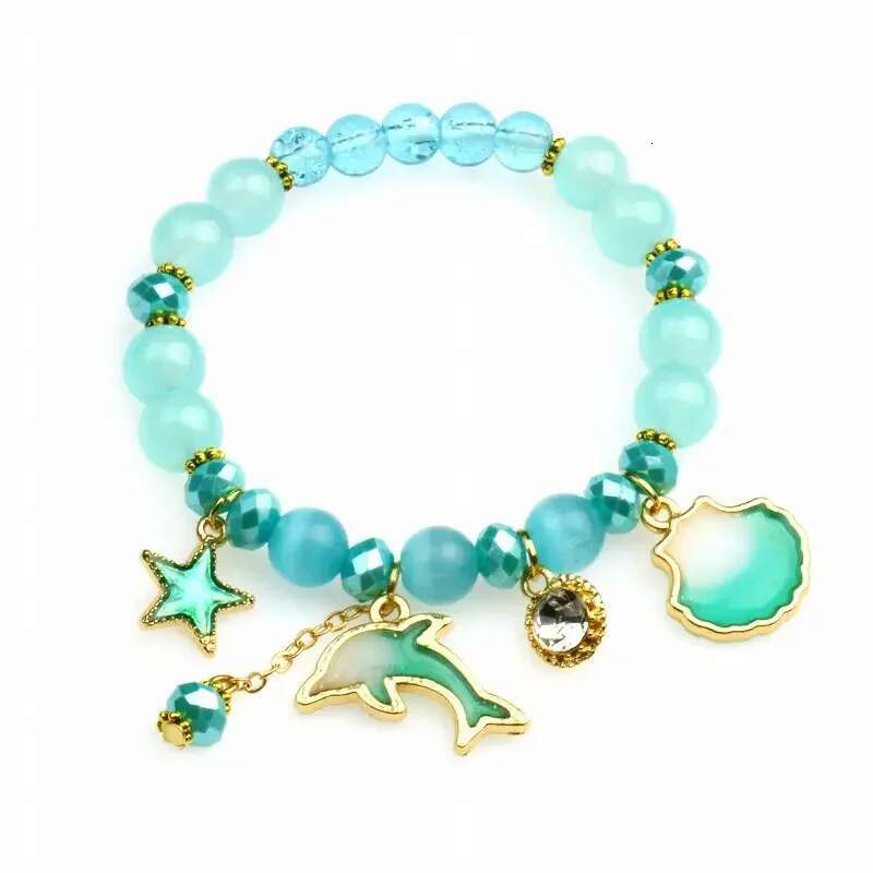 Metal Star Shell Dolphin Charm Pink Beaded Girls Sweet Summer Handmade Elastic Bracelet Ocean Blue Color Lovely Jewelry
