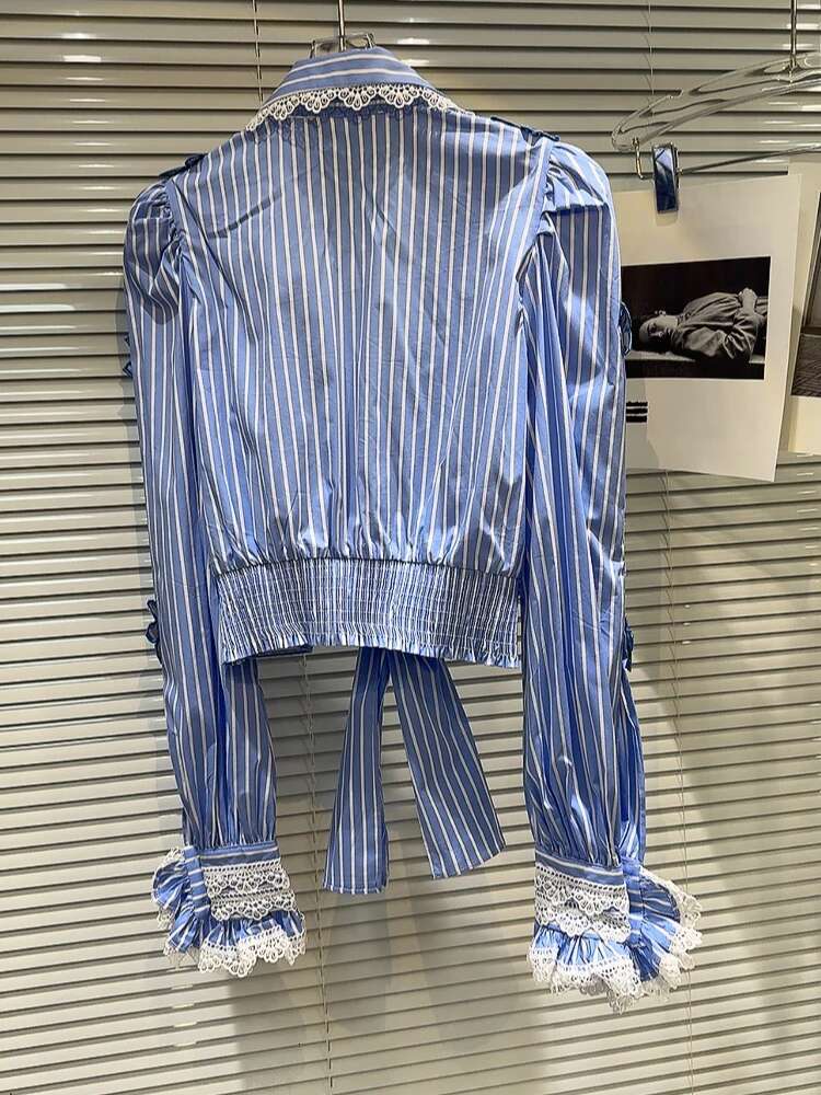 DEAT Trendy Women's Spliced Lace Bows Bandage Striped Shirts 2024 Autumn Fashion New Lapel Long Sleeve Blouse Female 29L8151