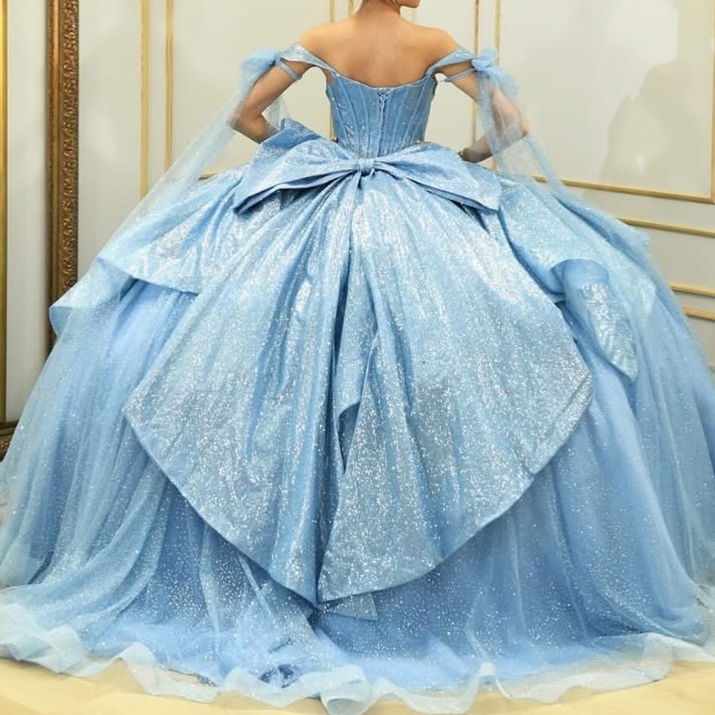 Sky Blue Shiny Quinceanera Dresses Ball Gown Off Shoulder Bow Beads Tull Corset Sweet 16 Dress Vestidos 15 De Anos