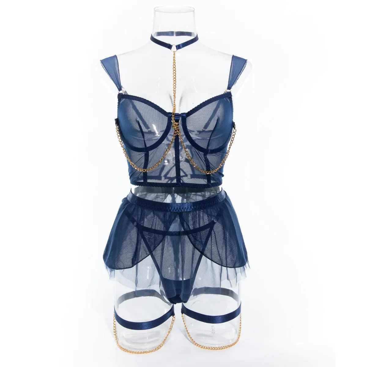 Sexy Pure Desire Mesh Underwear Perspective Skirt Chain Hanging Neck with Gloves Transparent Four Pieces Female See Through BraXJ250301
