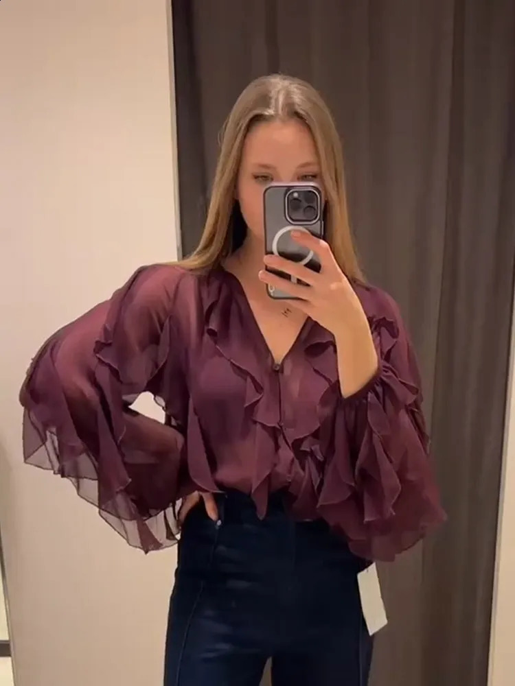 Elegant Solid Ruffle V-neck Long Sleeve Blouse Womens Chic Single Breasted Perspective Shirt Spring Lady Commute Tops 250225