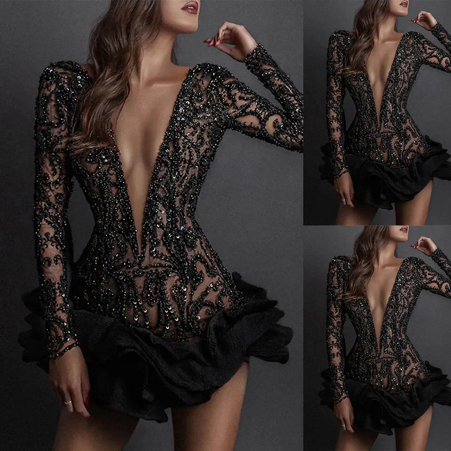 Modern Cocktail Dresses Sequins Beading Mini Short Evening Prom Gowns Illusion Deep V Neck Custom Made Long Sleeve Graduation Ball Club Party Dress