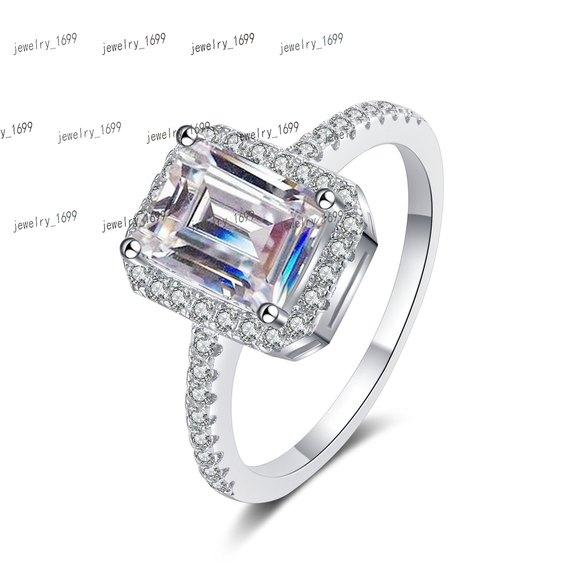S925 Sterling Silver Ring Four-claw Sugar Cube Emerald Radiant Cut Moissanite Wedding Ring Moissanite Diamond Ring