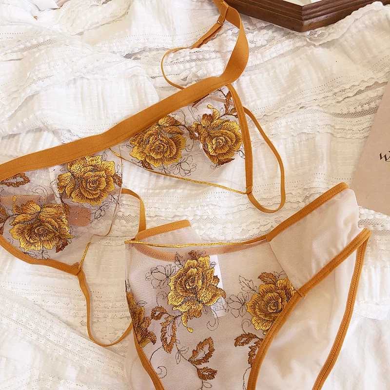Transparent mesh lingerie set luxurious embroidered lace triangular cup no steel ring bra sexy ultra-thin lingerie setXJ250301