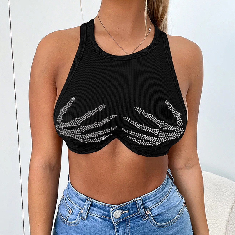 Women's 2023 Summer New Fashion Hot Diamond Slim Fit Round Neck Open Navel Tank Top