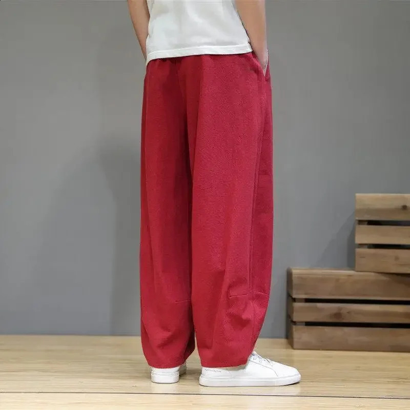 Trendy Fashion Spring Autumn Mens Solid Pocket Elastic Waist Drawstring Casual Loose Cotton Hemp Wide Leg Trousers 250225