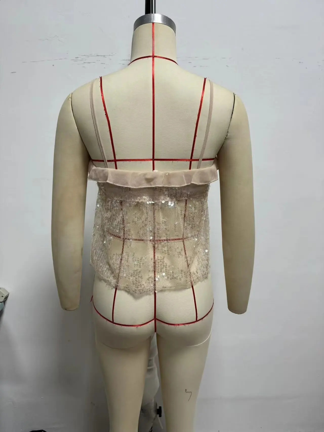 2025 Women Chic Pleat Ruffles Sequined Chiffon Sling Camis Tank Top Lady Backless Short Crop Shirt Blouse Tops Clothes 250226