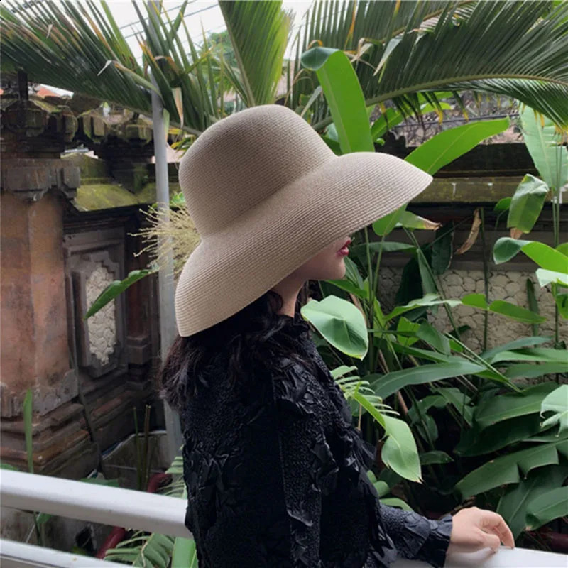 Female Summer womens hat Hepburn Style Vintage n Wide side Straw Hat Solid Color Beach Holiday Beach Hat Big Sun Hat 250227
