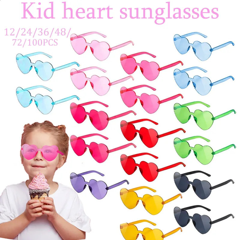 12-100Pcs Kids Heart Shaped Sunglasses Party Favors Birthday Children Heart Sun Glasses Rimless Candy Colorful Girls Boys Gifts 250221