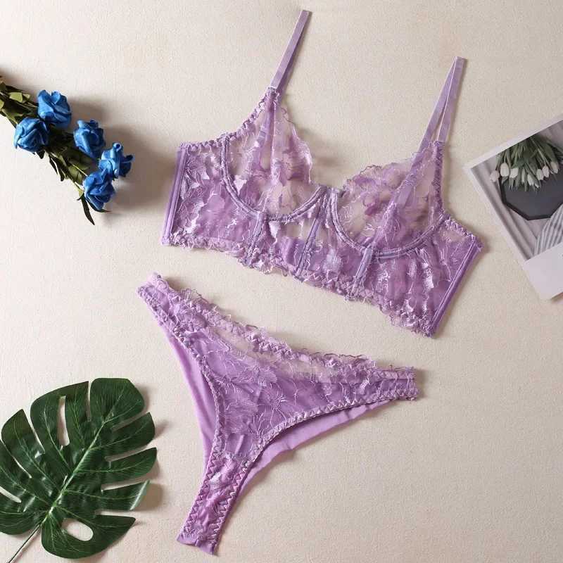 New Floral Embroidered Single Layer Tank Top with Fishbone Steel Rings Womens Sweet Perspective Lace Large Ope Underwear SetXJ250301