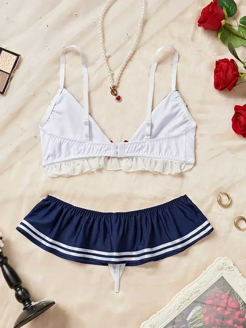 Sexy Lace Lingerie Ruffle And Bow Decoration Bra And Panty Sets Women Gathering Chest Underwear Bralette Set Cosplay CostumeXJ250301