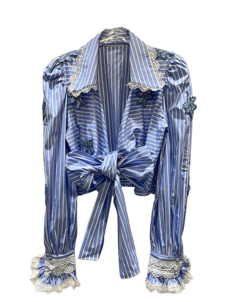 DEAT Trendy Women's Spliced Lace Bows Bandage Striped Shirts 2024 Autumn Fashion New Lapel Long Sleeve Blouse Female 29L8151