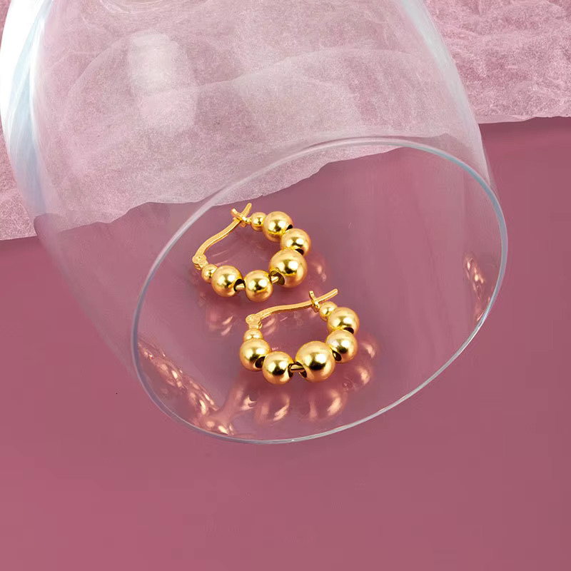 Hot Selg Minimalist Sier Geometric Circular Round Beads Shaped Gold Plated Hoop Earrings for Women Girls