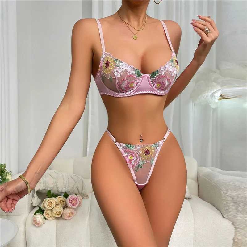 Sexy bra set pink floral embroidery lingerie romantic lingerie fairy seamless ultra-thin lingerie sexy exotic suitXJ250301