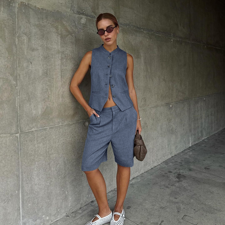 Fashionable Versatile Women's Two-Piece Summer Collection, Unisex And Minimalist Style, Blue Sleeveless Vest Suit