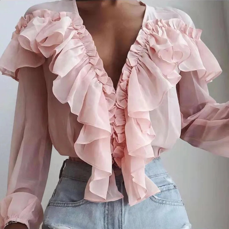 Spring Autumn Elegant Ruffles Women Shirts Top Casual V Neck Long Sleeve Loose Female Solid Chiffon Blouses For Women Blouse 250225