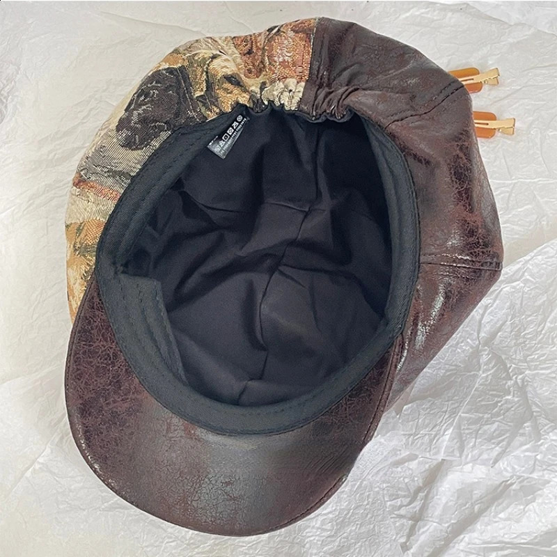 Japanese Y2K Big Head PU Cat and Dog Pattern Cloud Hat Spring and Autumn Coral Retro Splicing Mens and Womens Octagonal Hats 250226