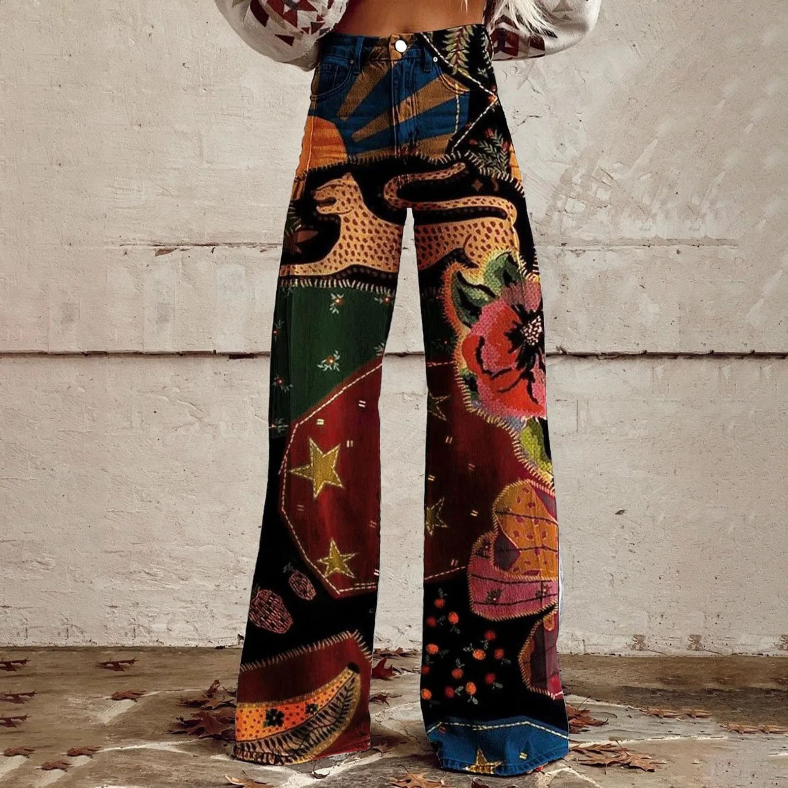 Vintage Fashion High Waisted Wide Leg Jeans Casual 90s Floral Printed Denim Pants Women Loose Fit Pockets Baggy Trousers 250228