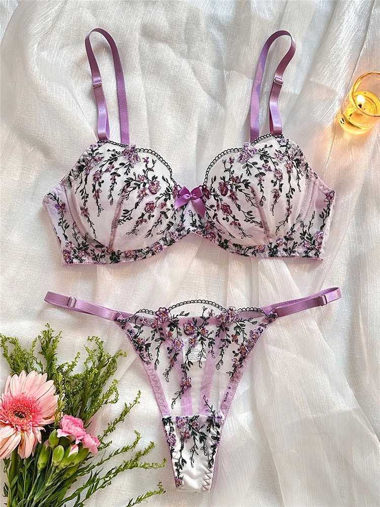 Sexy Bra Sets for Women Floral Transparent Lingerie Lace Embroidery Fairy Seamless Underwear See Through Exotic Bra Brief SetXJ250301