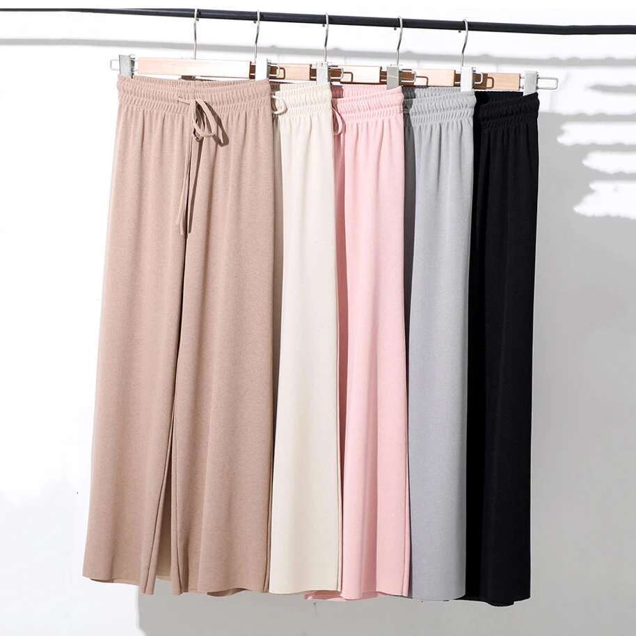 Slacks Women's Loose Summer Soft Ice Silk Ankle-Length Black Wide Leg Pants Grey Khaki Women High Waisted Trousers 2024