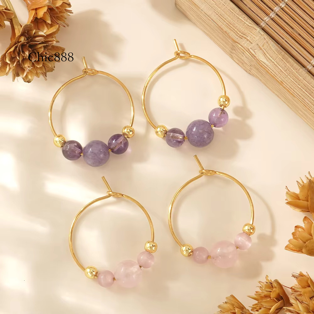 Go2boho Natural Gemstone Hoop Amethyst and Rose Quartz Gold Plated Beaded Round Earrings for Women Gift