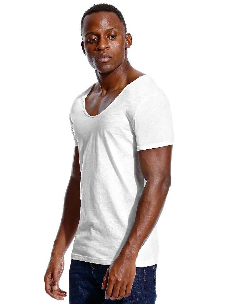 Scoop Neck T Shirt for Men Low Cut Deep V Neck Wide Vee Tee Male Tshirt Invisible Undershirt Slim Fit Short SleeveT250307