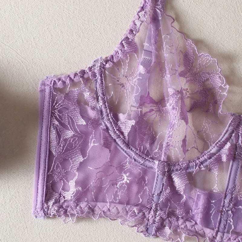 New Floral Embroidered Single Layer Tank Top with Fishbone Steel Rings Womens Sweet Perspective Lace Large Ope Underwear SetXJ250301