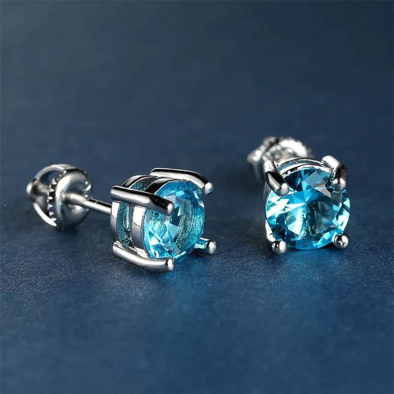 Female Crystal Light Blue Stone Earring Charm Sier Color Stud Earrings Cute Round Zircon Wedding Jewelry For Women