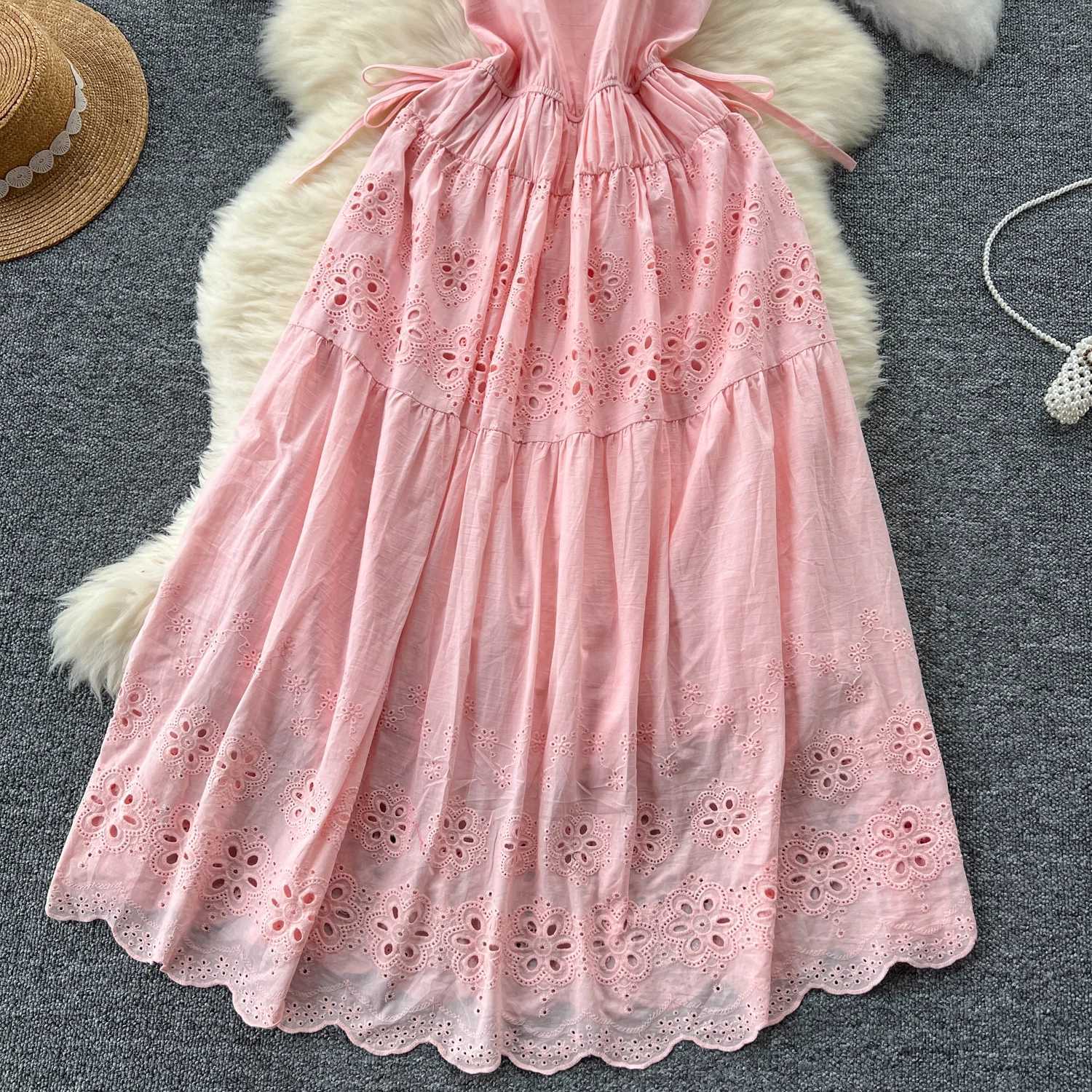 Basic Casual Dresses Korean Sexy Backless bandage cut out Embroidery Slip Dress A-line Chic Casual Beach Vacation Women Summer Vintage Dresses J250301