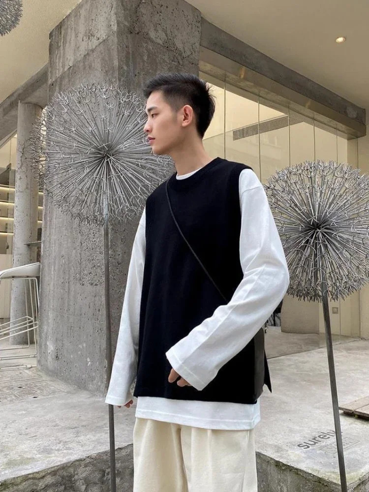 Knitted Sweaters for Men Crewneck Sleeveless Man Clothes Vest Solid Color Plain Round Collar Waistcoat Fleeced Plus Size Warm X 250225