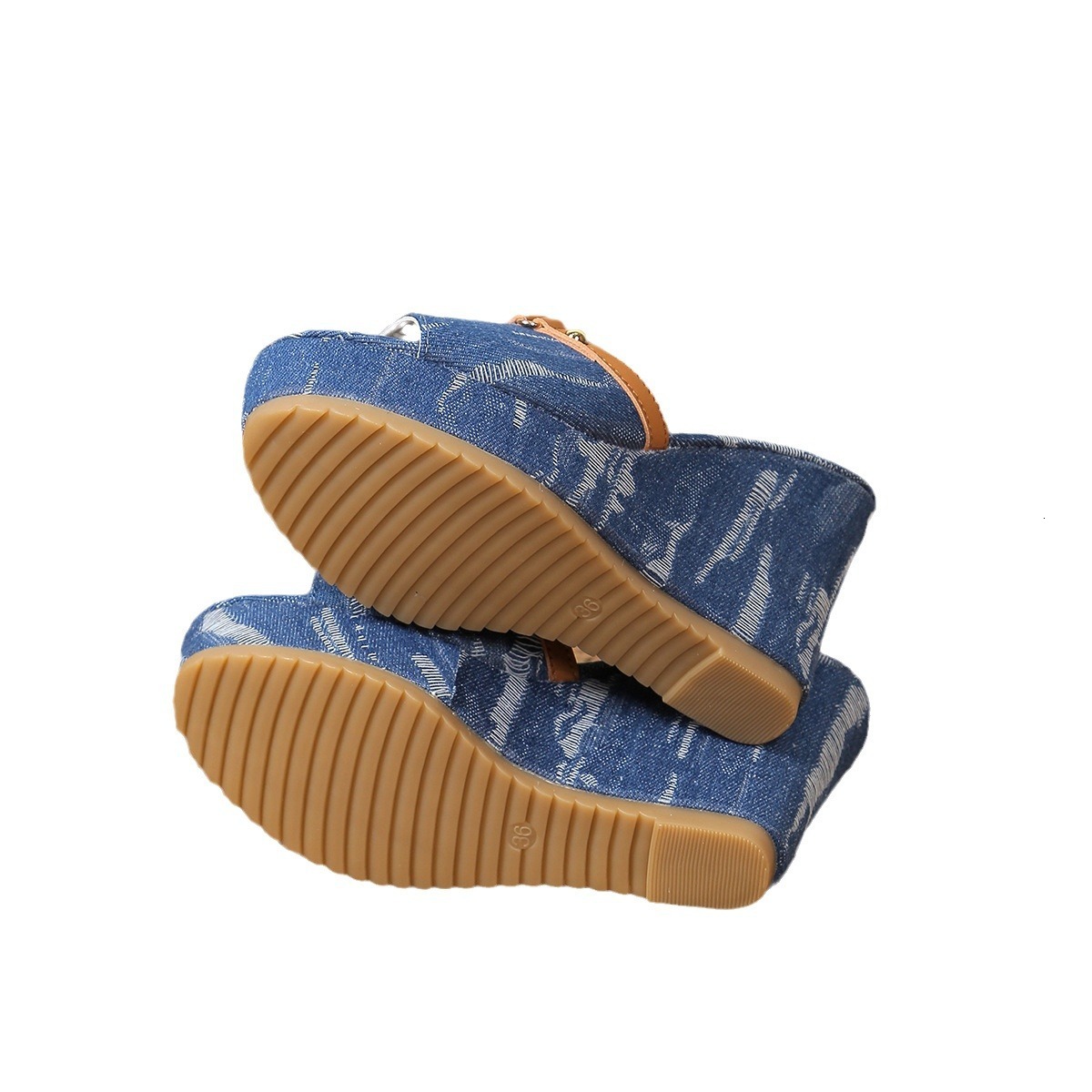 2025 Summer New Girl's Big Slope Cowboy Slippers Height Increasing Casual Beach Shoes Women's One Word Round Head Outer Sandals Large Size