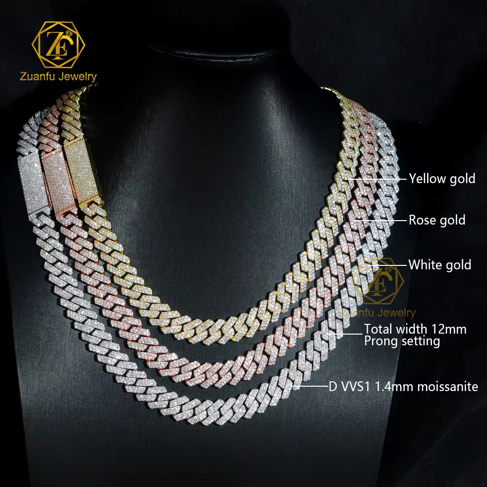 Drop Shipping VVS Moissanite Cuban Chain 10mm 12mm 13mm 15mm Hip Hop Necklace Men's Accessories