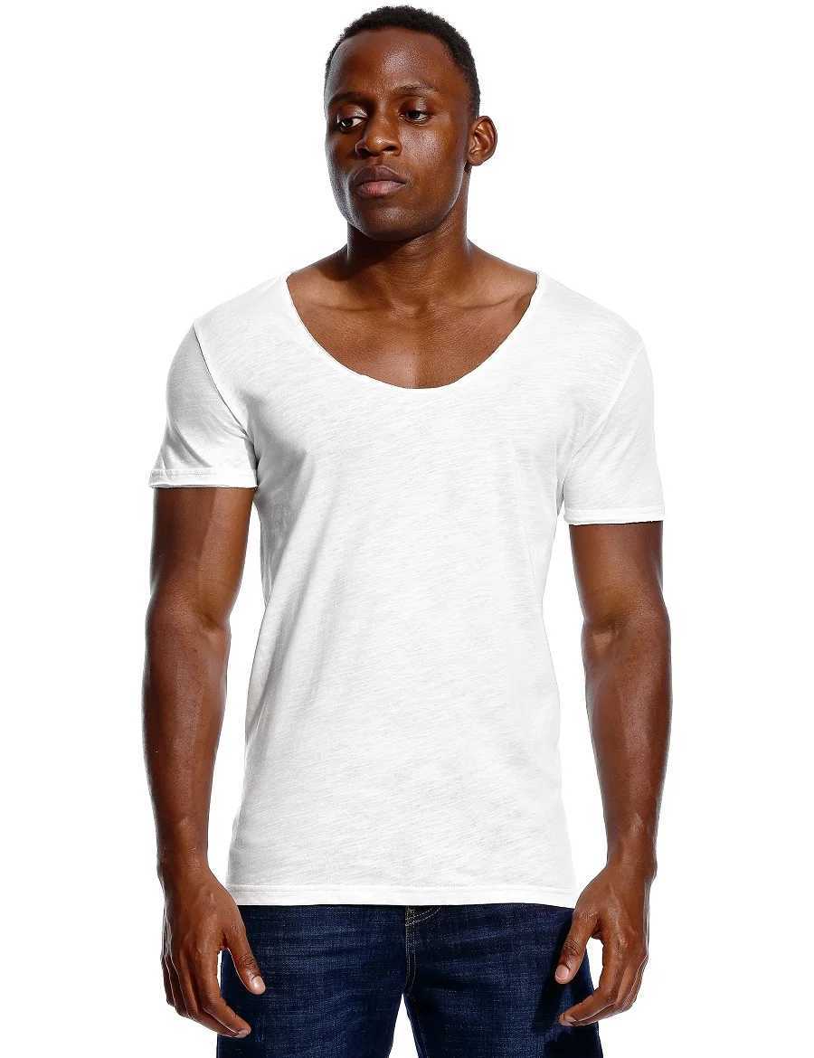 Scoop Neck T Shirt for Men Low Cut Deep V Neck Wide Vee Tee Male Tshirt Invisible Undershirt Slim Fit Short SleeveT250307