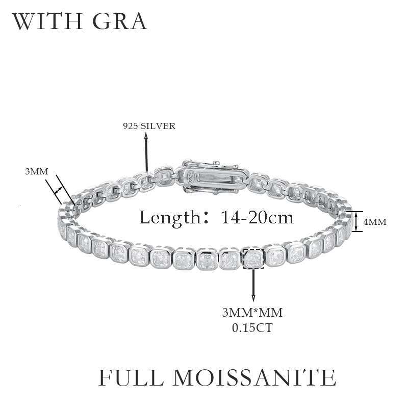 TBCYD 3mm Asscher-Cut Moissanite Sier For Women Tennis Bracelet Classic Sparkle Plated GRA Valentine's Day