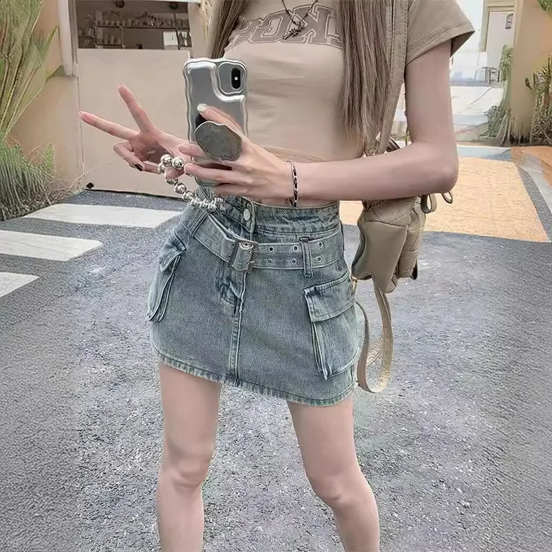 Plus Size Summer High-Waisted Denim Skirt For Women A- Line Short Bodycon Side Slit Bustier Anti-Exposure Plus Size ... 250224