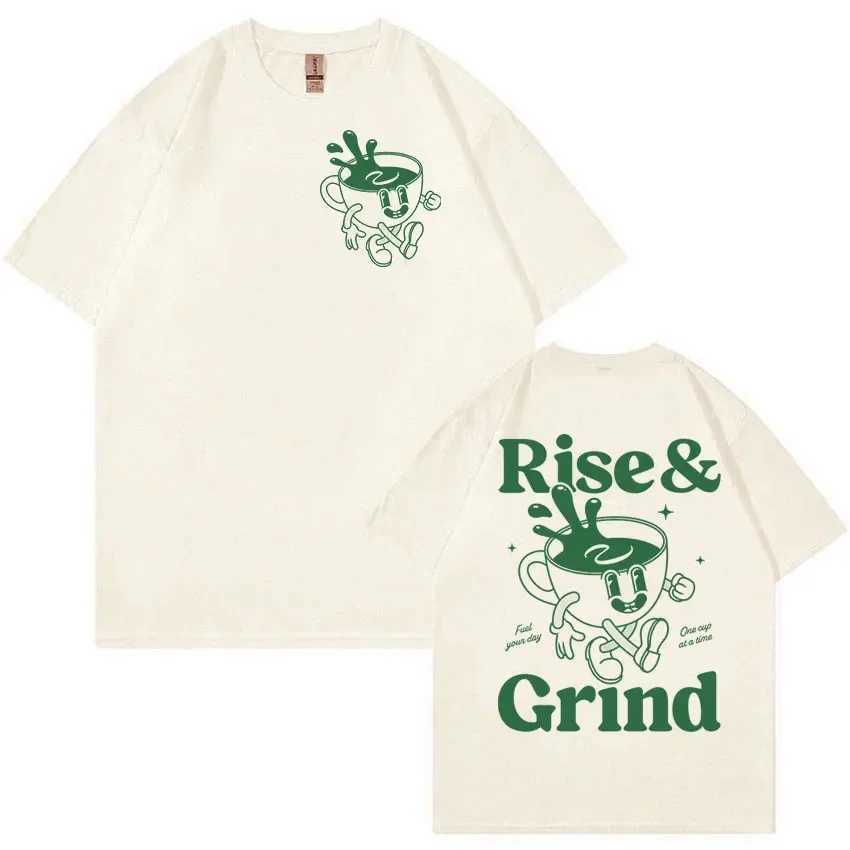 Rise and Grind Green Coffee Funny Meme T Shirt Cartoon Vintage Summer Clothing T-shirts Men Women 100% Cotton Oversized T-shirtT250307