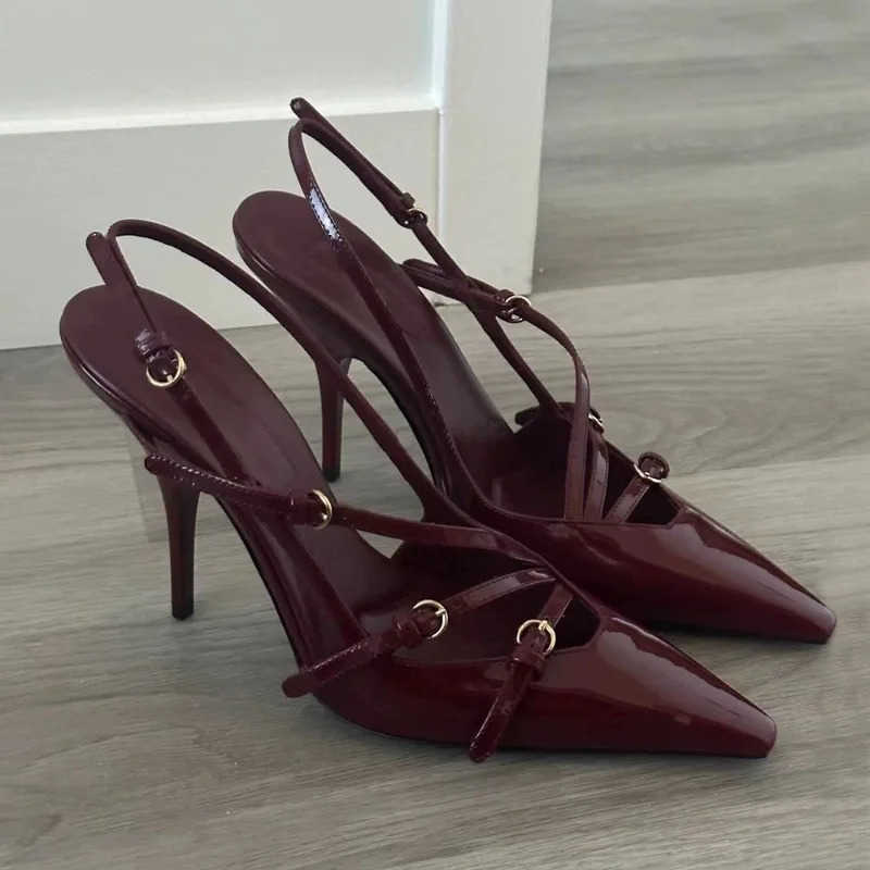 2024 Summer New High H Wens Sexy Hollow Black Silk Pointed One-line Buckle Skinny Heel Sandals Wens Shoes Z250326