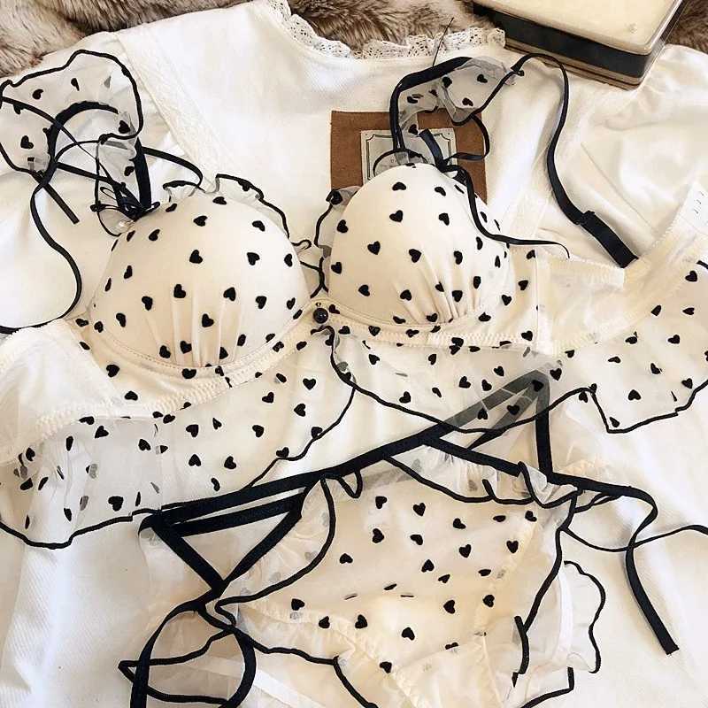 Flocking love heart mesh sweet cute lingerie non-steel ring on thin under thick underwear set gathered braXJ250301