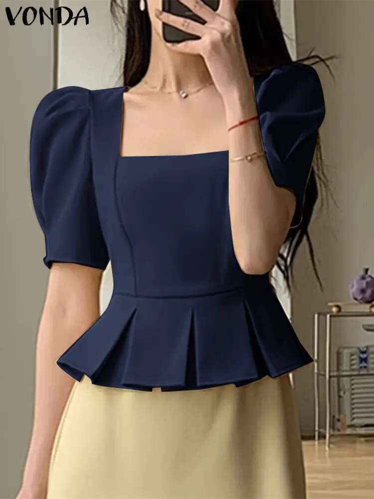 VONDA 2024 Summer Square Collar Women Blouse Tops Tunic Short Puff Sleeve Fashion Loose Shirts Casual Solid Color Blusas