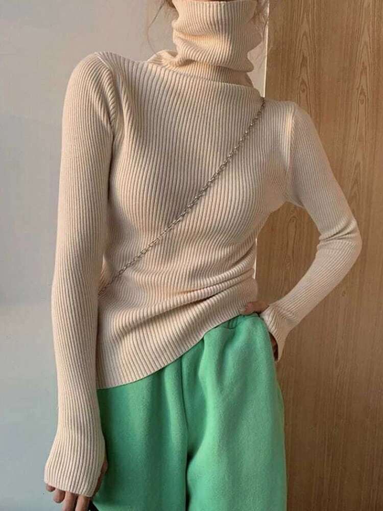 Knitted Women Korean Version Turtleneck Sweater Winter Solid Color Pullover Slimming Interior Lapping Warm Basic Tops